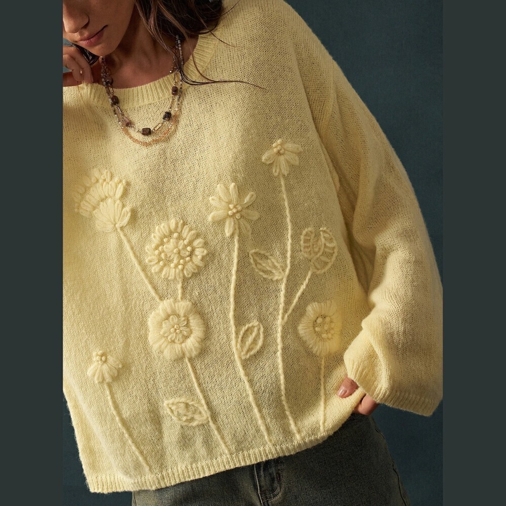 Pale Yellow Floral Tonal Embroidered Oversized Knit Sweater